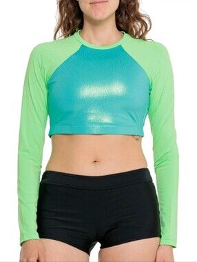 NWT Speedo Aqua Foil Crop Rash Guard Long Sleeve Raglan Crop Cropped SMALL